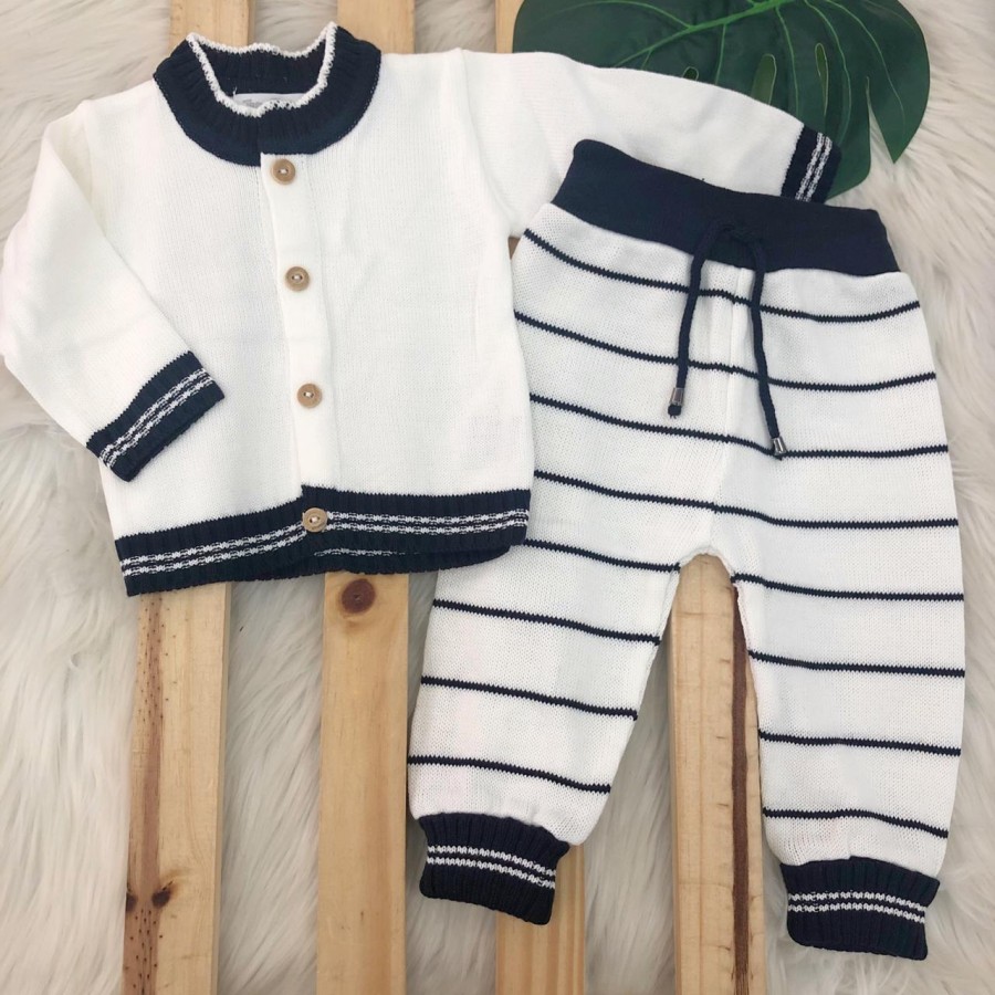 Conj de Linha Branco com Viés - Marinho e Calça Listrada Conj de Linha Branco com Viés - Marinho e Calça Listrada